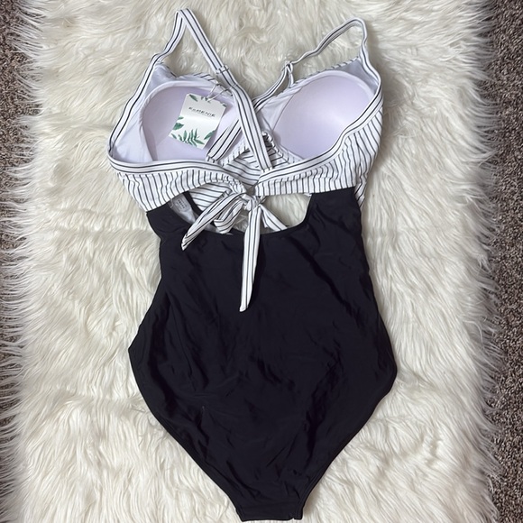 NWT Eomenie One Piece Black And White Tummy Control Wrap Tie Back Size L - Picture 8 of 12